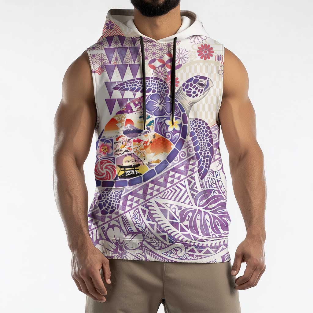 Hawaiian and Japanese Culture Together Sleeveless Hoodie Tropical Honu with Japanese Elements Purple Color LT03 - Polynesian Pride