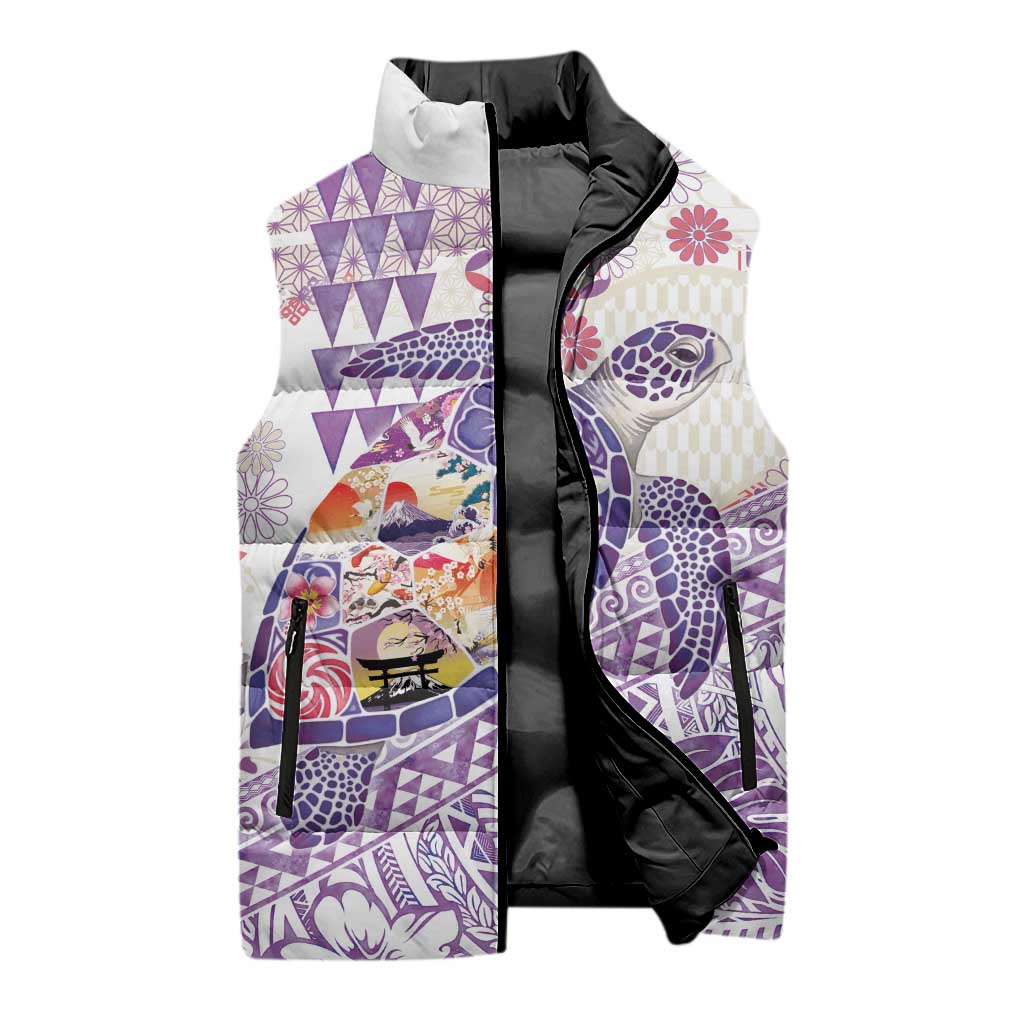 Hawaiian and Japanese Culture Together Sleeveless Puffer Jacket Tropical Honu with Japanese Elements Purple Color LT03 - Polynesian Pride