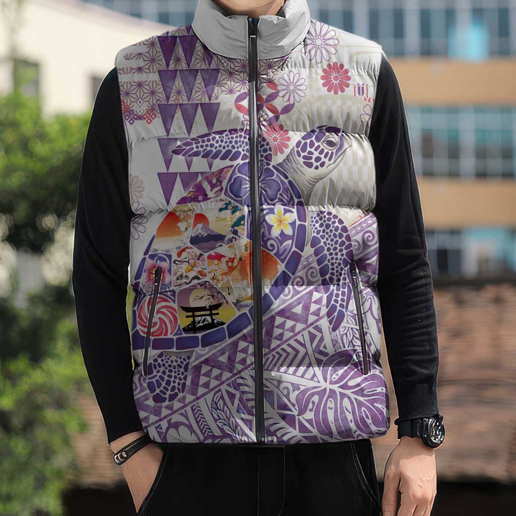 Hawaiian and Japanese Culture Together Sleeveless Puffer Jacket Tropical Honu with Japanese Elements Purple Color LT03 - Polynesian Pride