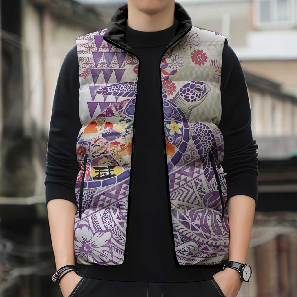 Hawaiian and Japanese Culture Together Sleeveless Puffer Jacket Tropical Honu with Japanese Elements Purple Color LT03 - Polynesian Pride