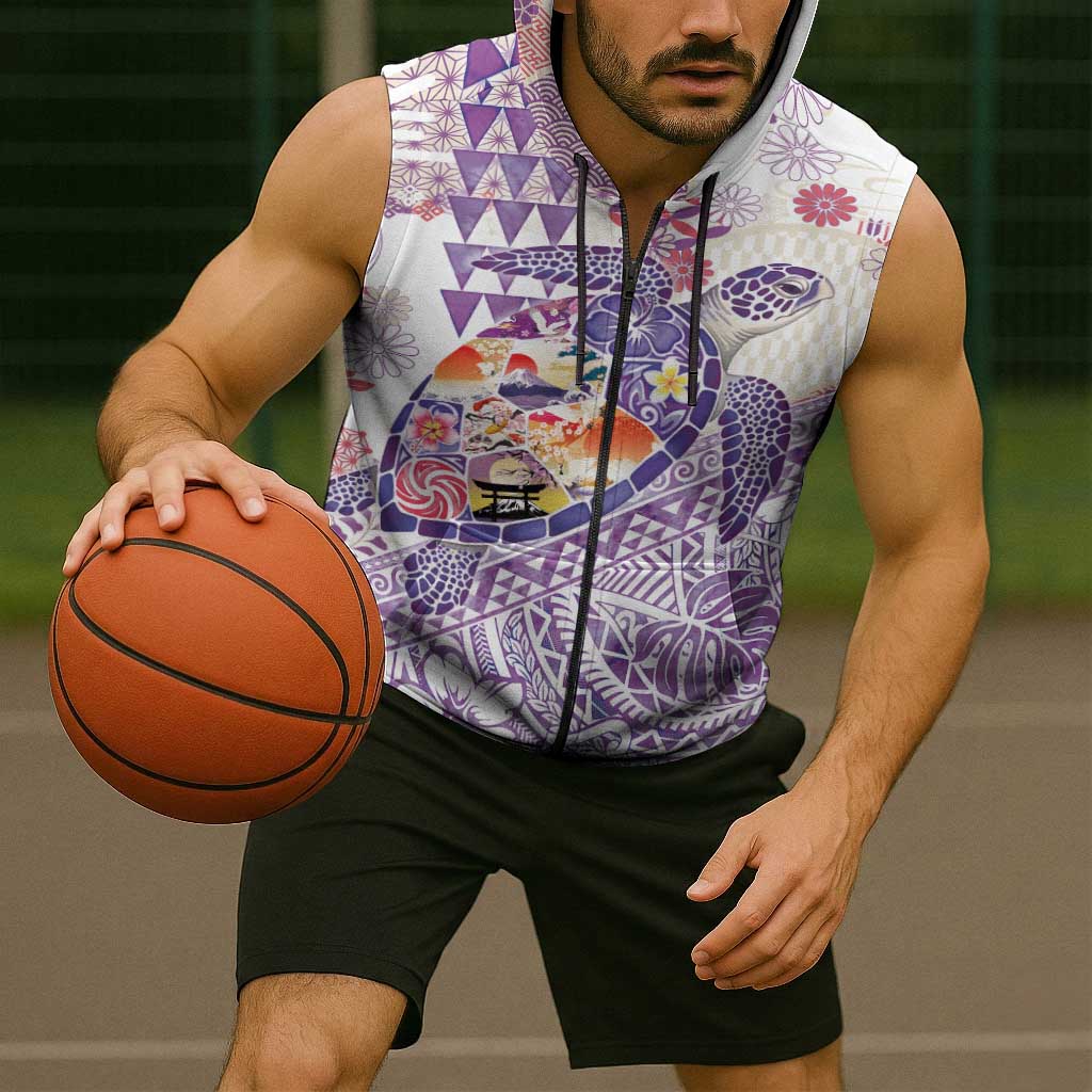 Hawaiian and Japanese Culture Together Sleeveless Zip Hoodie Tropical Honu with Japanese Elements Purple Color LT03 - Polynesian Pride