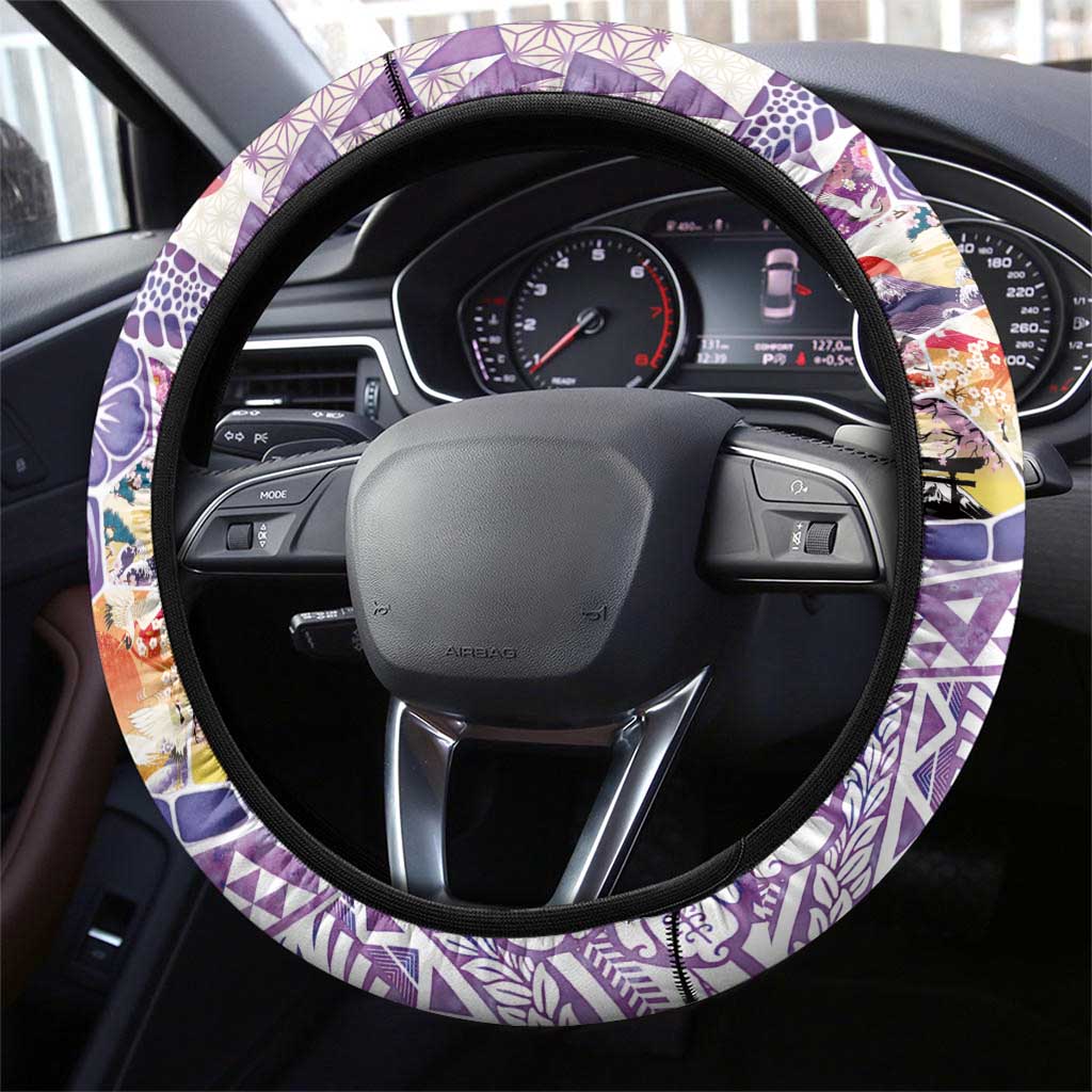 Hawaiian and Japanese Culture Together Steering Wheel Cover Tropical Honu with Japanese Elements Purple Color LT03 - Polynesian Pride