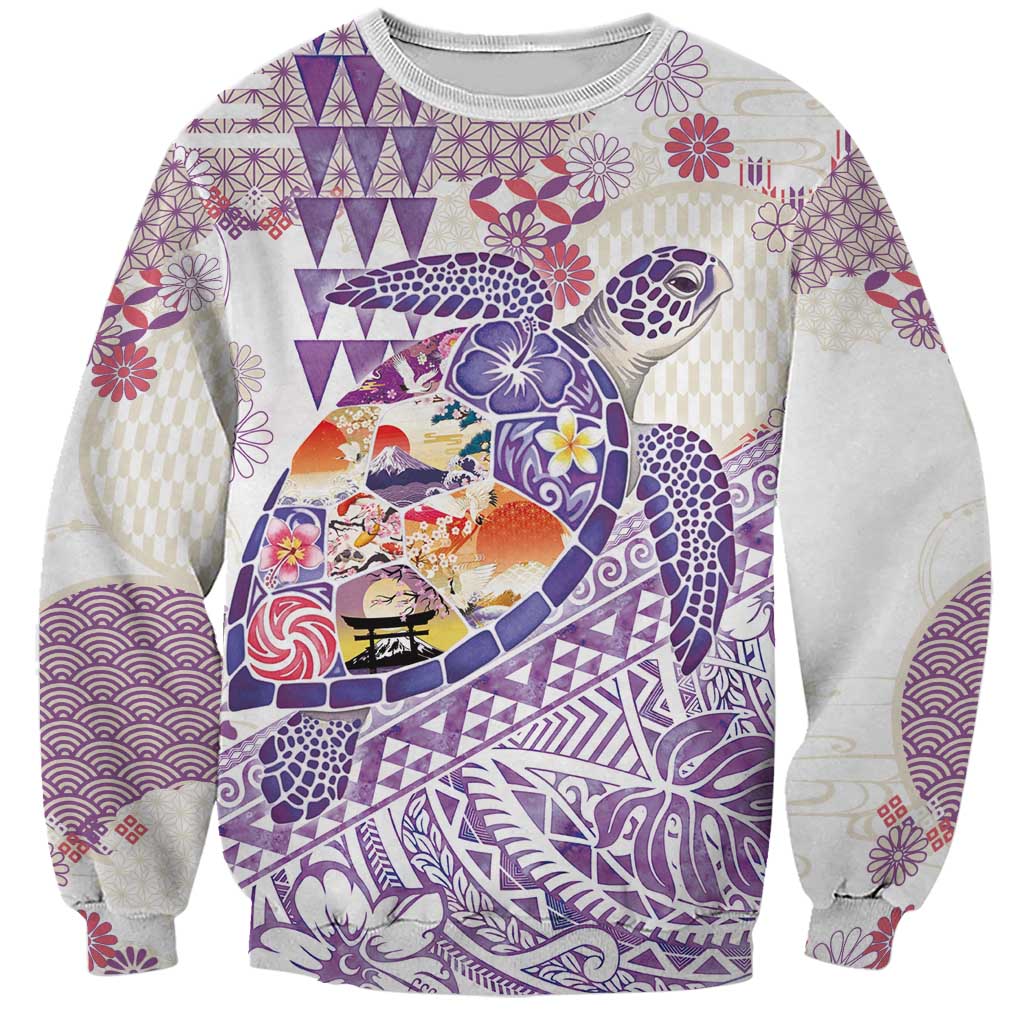 Hawaiian and Japanese Culture Together Sweatshirt Tropical Honu with Japanese Elements Purple Color LT03 Unisex Purple - Polynesian Pride