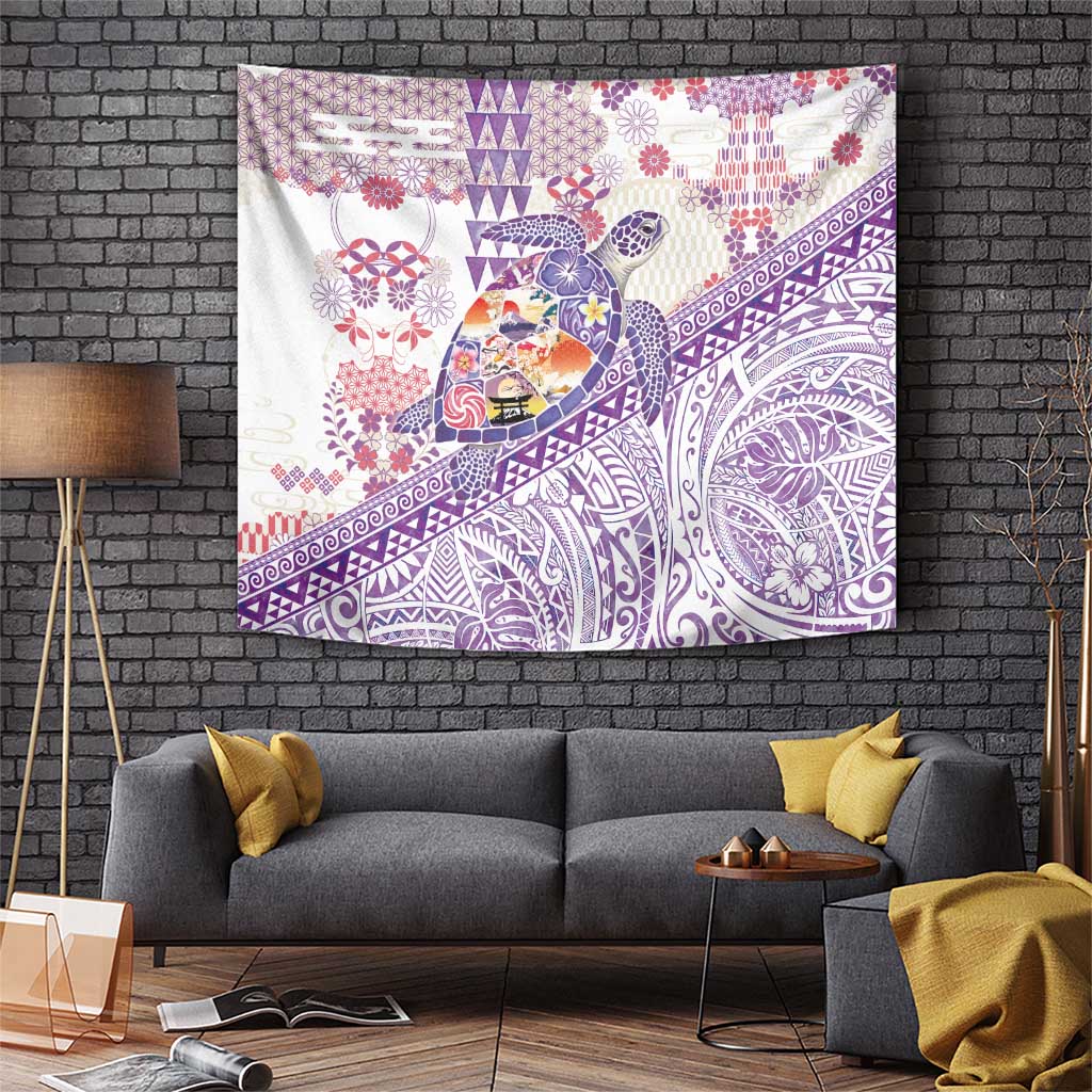 Hawaiian and Japanese Culture Together Tapestry Tropical Honu with Japanese Elements Purple Color