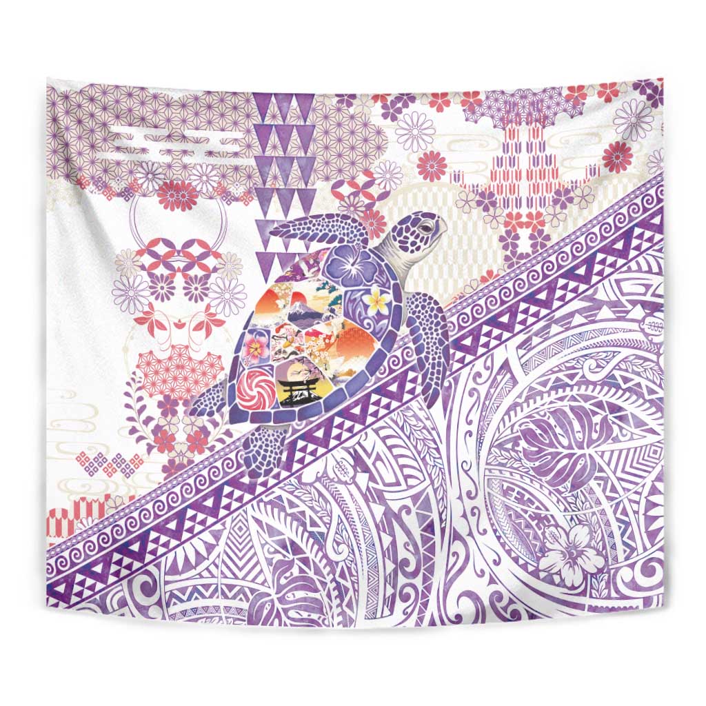 Hawaiian and Japanese Culture Together Tapestry Tropical Honu with Japanese Elements Purple Color LT03 - Polynesian Pride