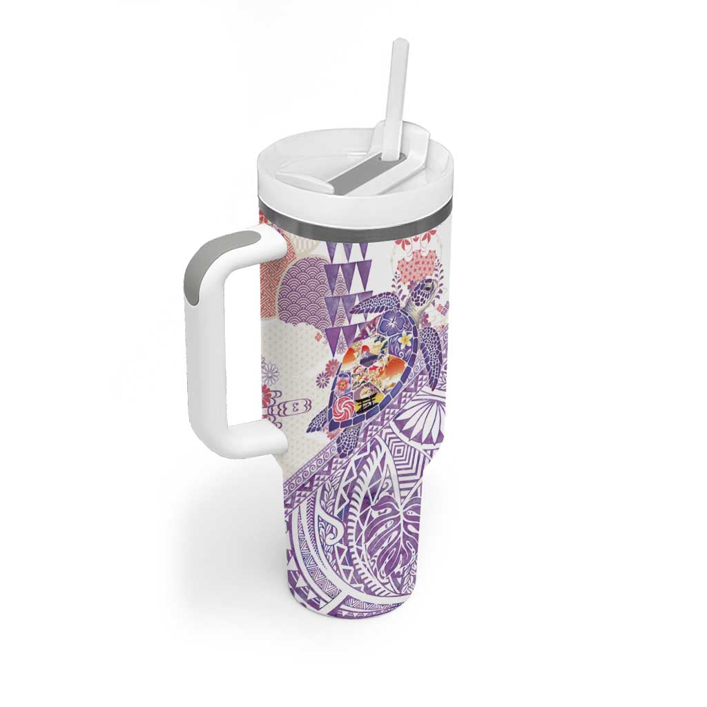 Hawaiian and Japanese Culture Together Tumbler With Handle Tropical Honu with Japanese Elements Purple Color LT03 - Polynesian Pride