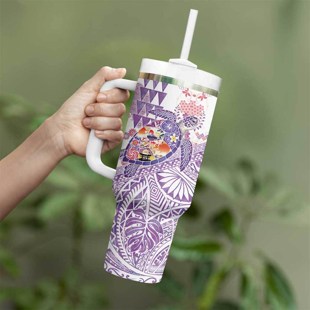 Hawaiian and Japanese Culture Together Tumbler With Handle Tropical Honu with Japanese Elements Purple Color LT03 - Polynesian Pride