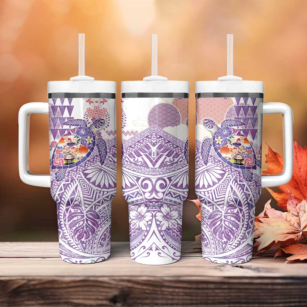 Hawaiian and Japanese Culture Together Tumbler With Handle Tropical Honu with Japanese Elements Purple Color LT03 - Polynesian Pride