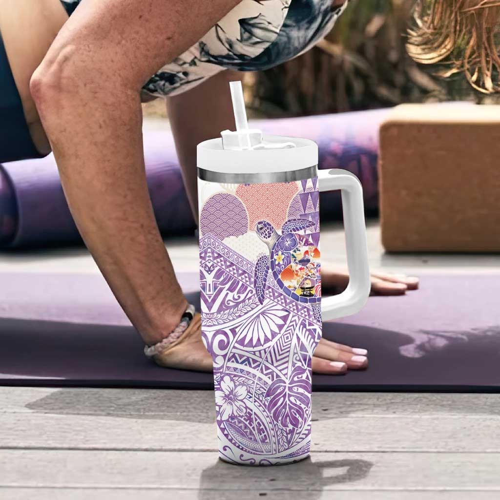 Hawaiian and Japanese Culture Together Tumbler With Handle Tropical Honu with Japanese Elements Purple Color LT03 - Polynesian Pride