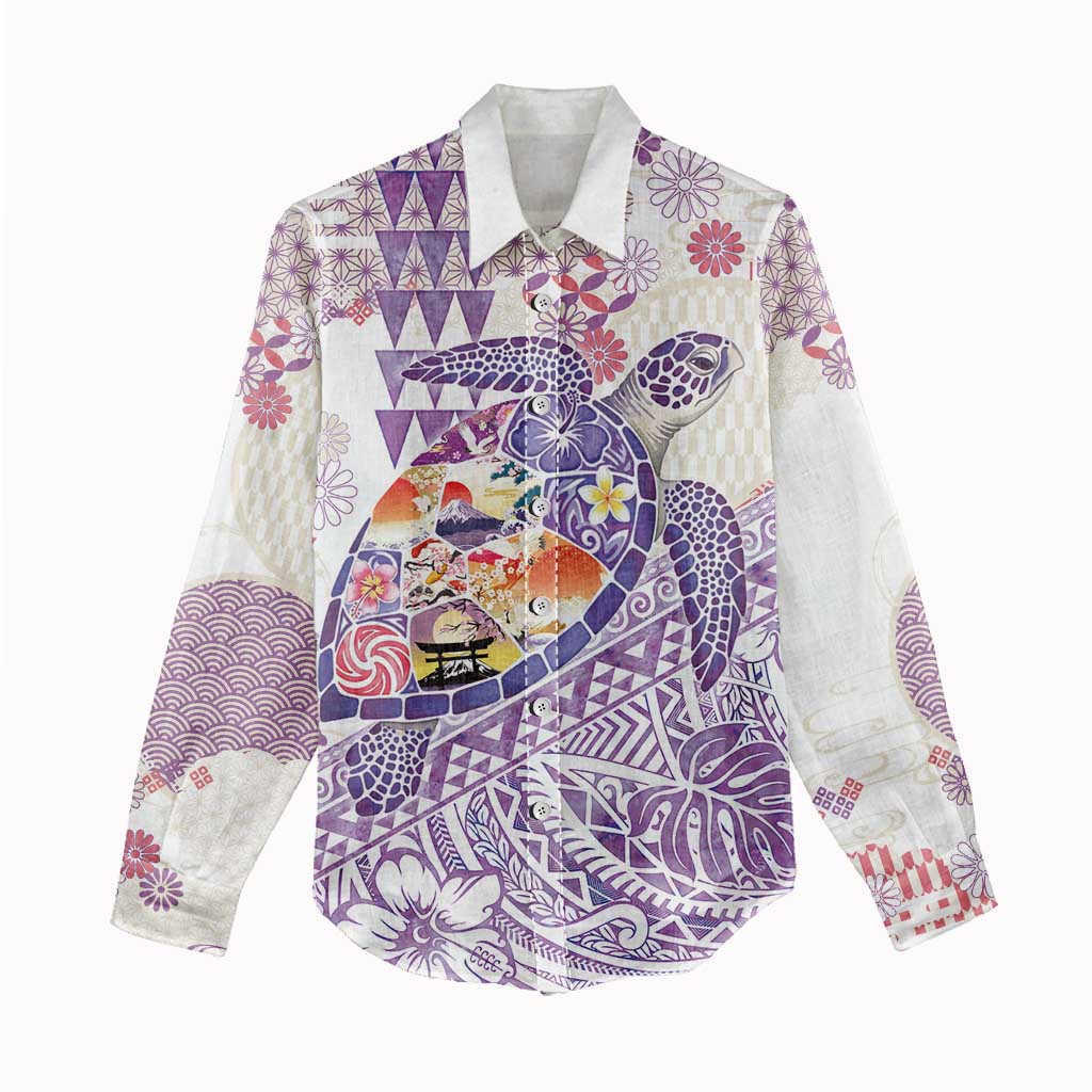 Hawaiian and Japanese Culture Together Women Casual Shirt Tropical Honu with Japanese Elements Purple Color LT03 - Polynesian Pride