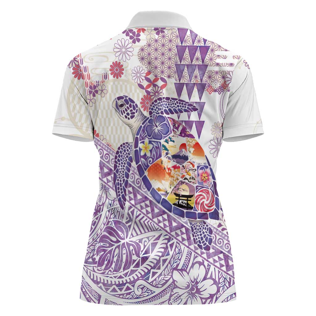 Hawaiian and Japanese Culture Together Women Polo Shirt Tropical Honu with Japanese Elements Purple Color LT03 - Polynesian Pride