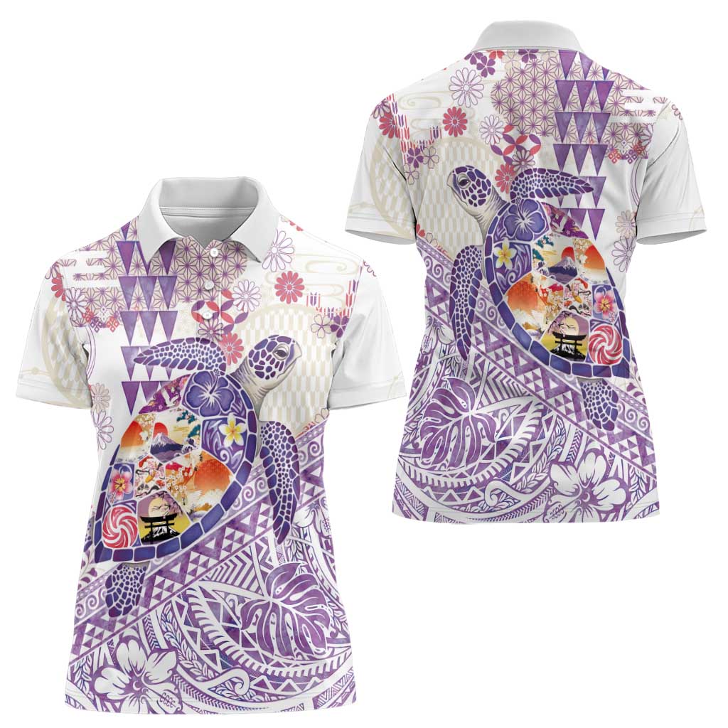 Hawaiian and Japanese Culture Together Women Polo Shirt Tropical Honu with Japanese Elements Purple Color LT03 - Polynesian Pride