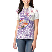 Hawaiian and Japanese Culture Together Women Polo Shirt Tropical Honu with Japanese Elements Purple Color LT03 - Polynesian Pride