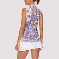 Hawaiian and Japanese Culture Together Women Sleeveless Polo Shirt Tropical Honu with Japanese Elements Purple Color LT03 - Polynesian Pride
