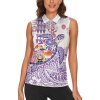 Hawaiian and Japanese Culture Together Women Sleeveless Polo Shirt Tropical Honu with Japanese Elements Purple Color LT03 - Polynesian Pride