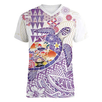 Hawaiian and Japanese Culture Together Women V-Neck T-Shirt Tropical Honu with Japanese Elements Purple Color LT03 Female Purple - Polynesian Pride