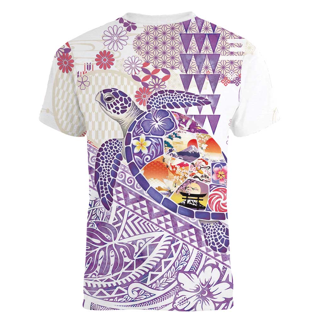 Hawaiian and Japanese Culture Together Women V-Neck T-Shirt Tropical Honu with Japanese Elements Purple Color LT03 - Polynesian Pride
