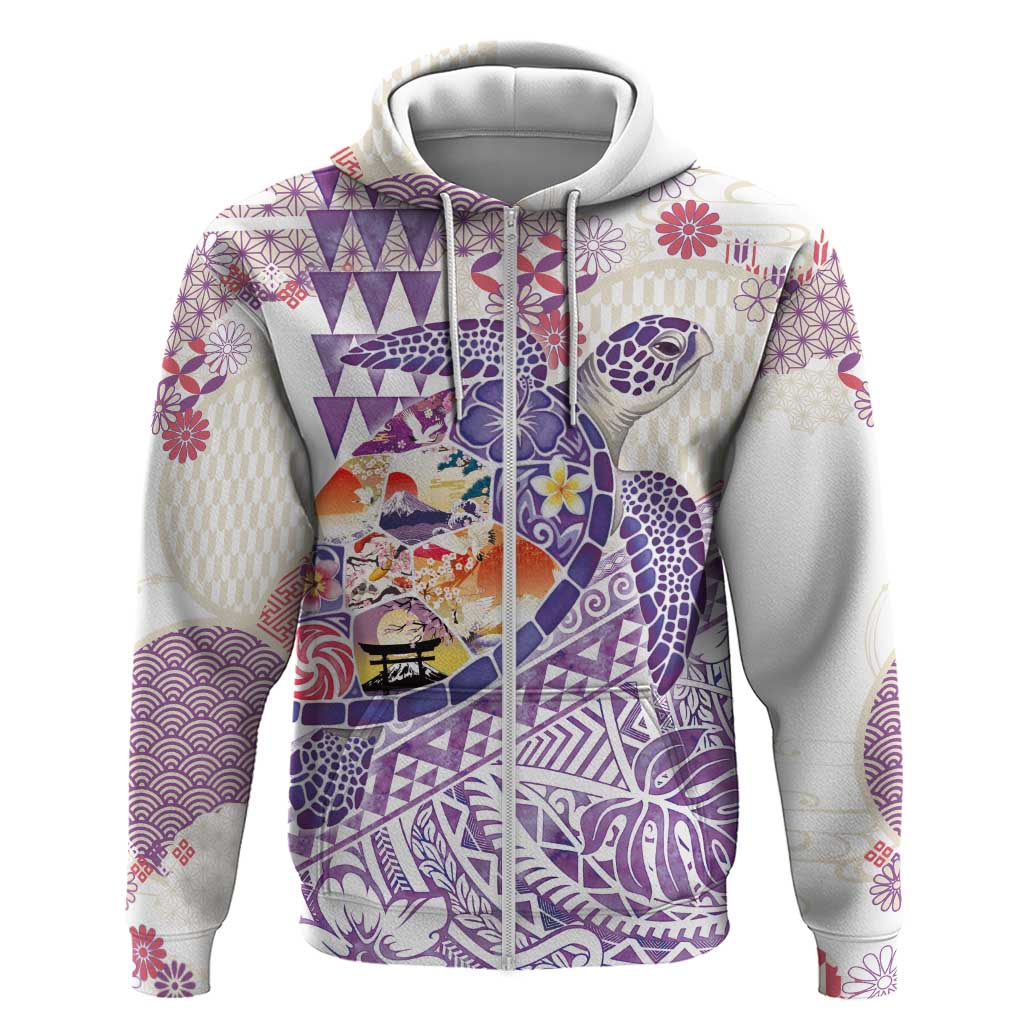 Hawaiian and Japanese Culture Together Zip Hoodie Tropical Honu with Japanese Elements Purple Color