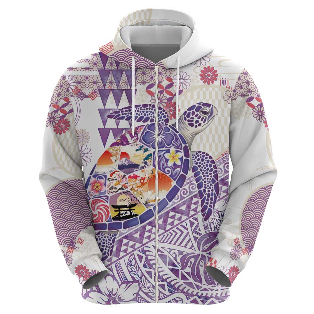 Hawaiian and Japanese Culture Together Zip Hoodie Tropical Honu with Japanese Elements Purple Color LT03 - Polynesian Pride
