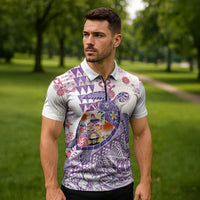Hawaiian and Japanese Culture Together Zipper Polo Shirt Tropical Honu with Japanese Elements Purple Color LT03 - Polynesian Pride