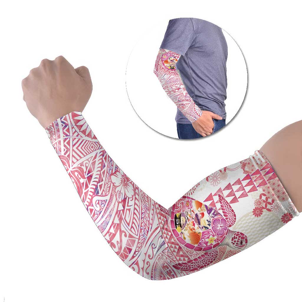 Hawaiian and Japanese Culture Together Arm Sleeves Tropical Honu with Japanese Elements Pink Color LT03 Set of 2 Pink - Polynesian Pride