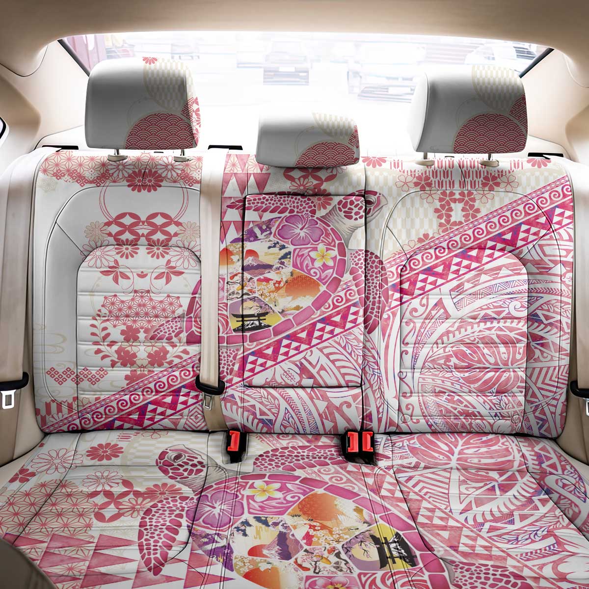 Hawaiian and Japanese Culture Together Back Car Seat Cover Tropical Honu with Japanese Elements Pink Color LT03 - Polynesian Pride