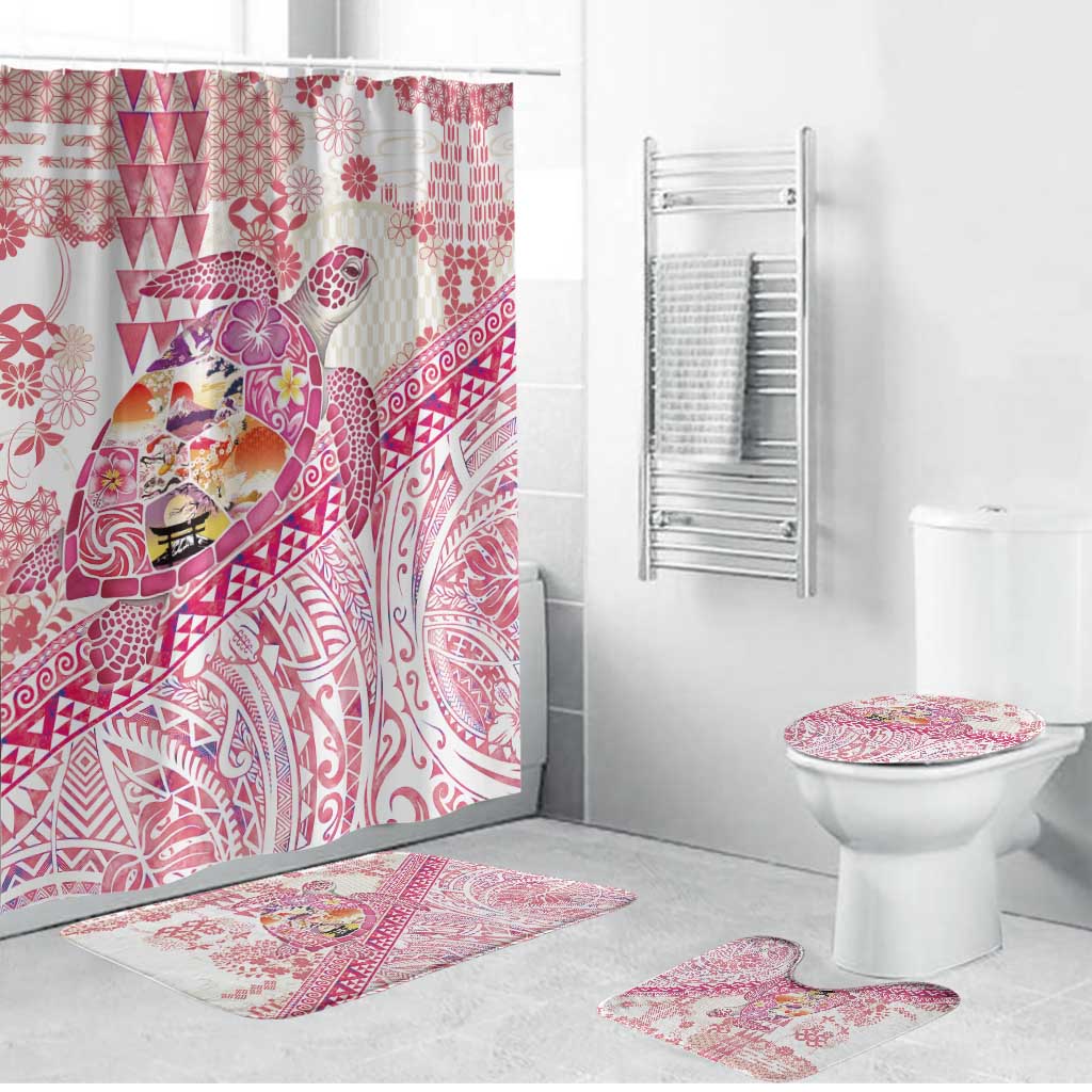 Hawaiian and Japanese Culture Together Bathroom Set Tropical Honu with Japanese Elements Pink Color