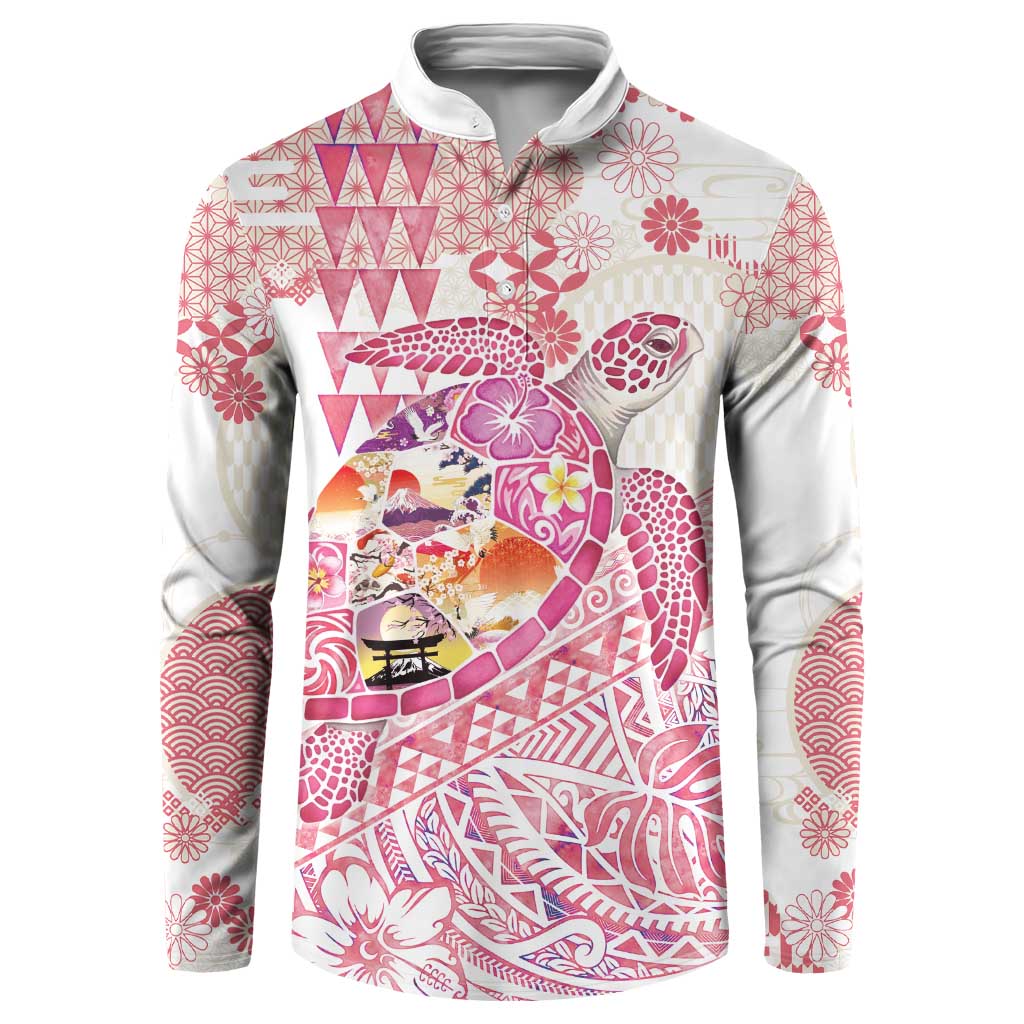 Hawaiian and Japanese Culture Together Button Sweatshirt Tropical Honu with Japanese Elements Pink Color