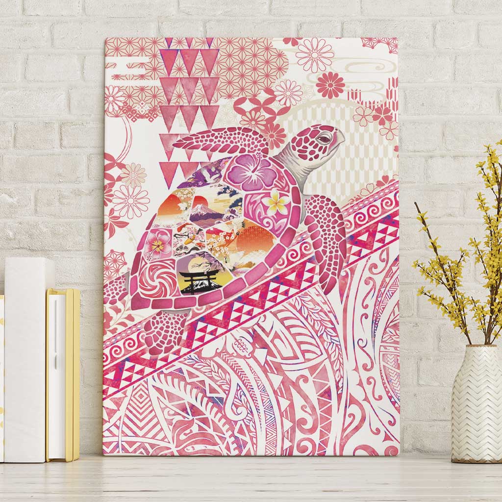 Hawaiian and Japanese Culture Together Canvas Wall Art Tropical Honu with Japanese Elements Pink Color