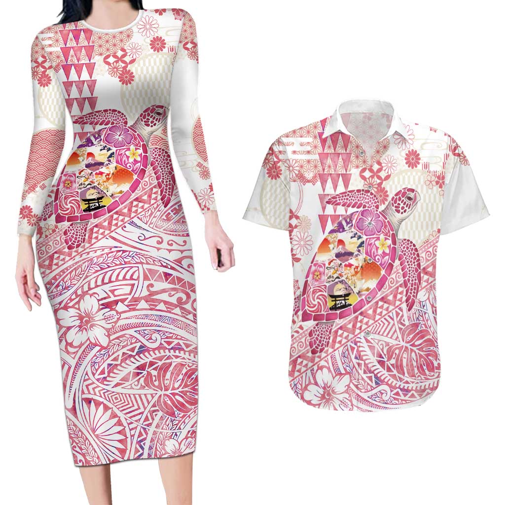 Hawaiian and Japanese Culture Together Couples Matching Long Sleeve Bodycon Dress and Hawaiian Shirt Tropical Honu with Japanese Elements Pink Color LT03 Pink - Polynesian Pride