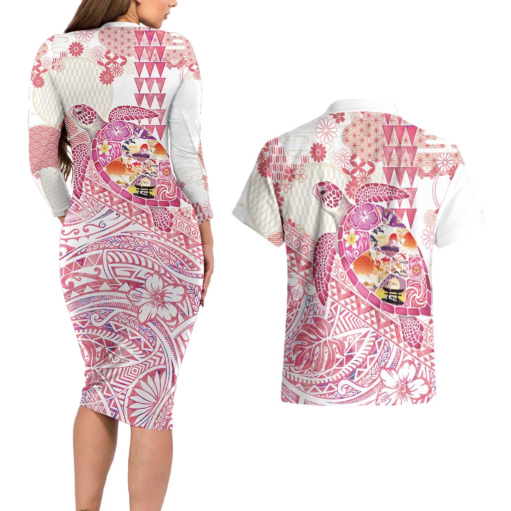 Hawaiian and Japanese Culture Together Couples Matching Long Sleeve Bodycon Dress and Hawaiian Shirt Tropical Honu with Japanese Elements Pink Color LT03 - Polynesian Pride