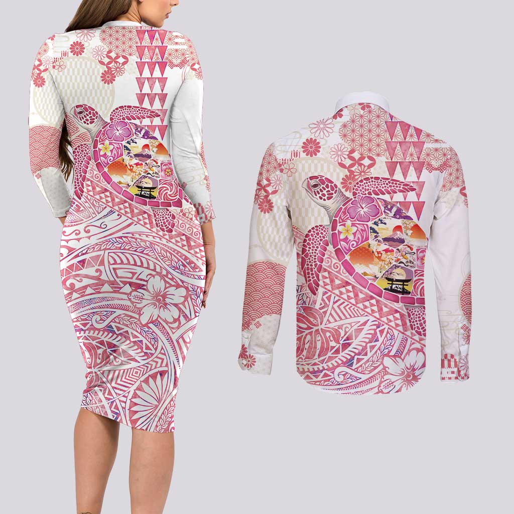 Hawaiian and Japanese Culture Together Couples Matching Long Sleeve Bodycon Dress and Long Sleeve Button Shirt Tropical Honu with Japanese Elements Pink Color LT03 - Polynesian Pride