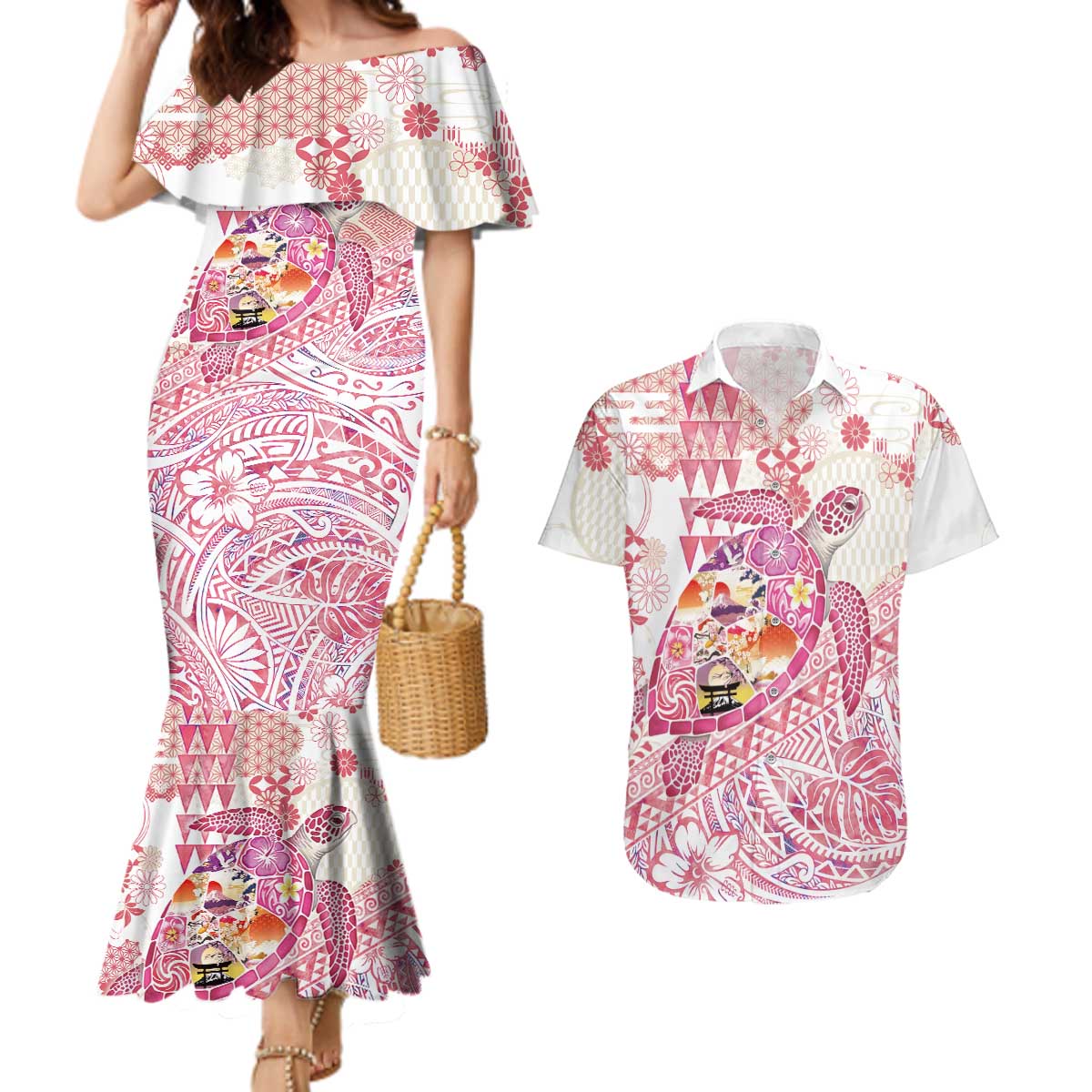Hawaiian and Japanese Culture Together Couples Matching Mermaid Dress and Hawaiian Shirt Tropical Honu with Japanese Elements Pink Color LT03 Pink - Polynesian Pride