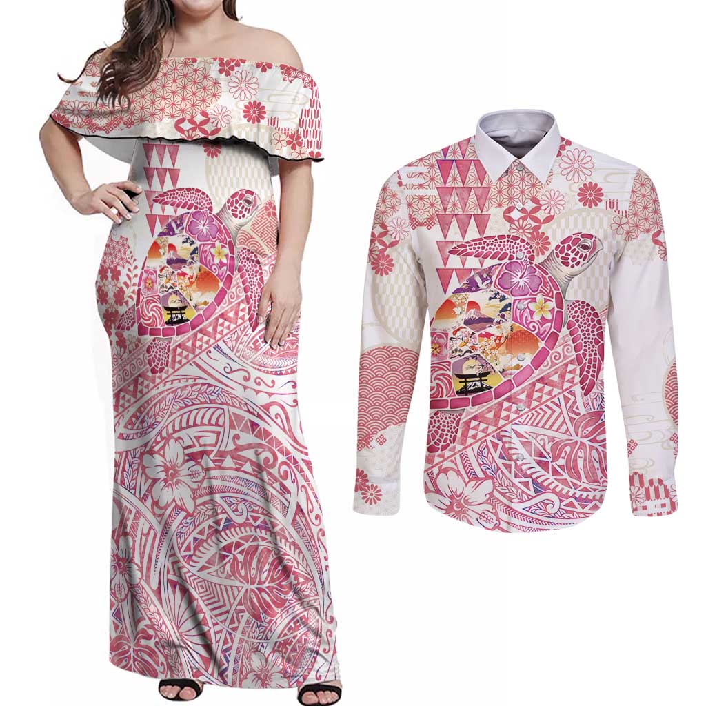 Hawaiian and Japanese Culture Together Couples Matching Off Shoulder Maxi Dress and Long Sleeve Button Shirt Tropical Honu with Japanese Elements Pink Color LT03 Pink - Polynesian Pride