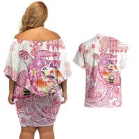 Hawaiian and Japanese Culture Together Couples Matching Off Shoulder Short Dress and Hawaiian Shirt Tropical Honu with Japanese Elements Pink Color LT03 - Polynesian Pride