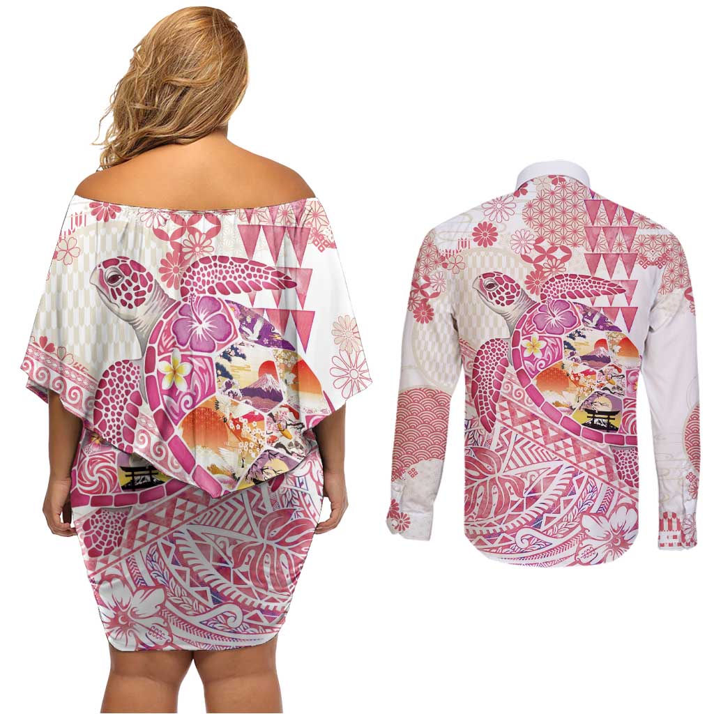 Hawaiian and Japanese Culture Together Couples Matching Off Shoulder Short Dress and Long Sleeve Button Shirt Tropical Honu with Japanese Elements Pink Color LT03 - Polynesian Pride