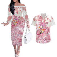 Hawaiian and Japanese Culture Together Couples Matching Off The Shoulder Long Sleeve Dress and Hawaiian Shirt Tropical Honu with Japanese Elements Pink Color LT03 Pink - Polynesian Pride