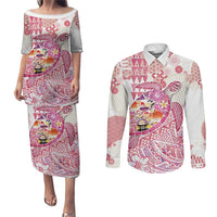 Hawaiian and Japanese Culture Together Couples Matching Puletasi and Long Sleeve Button Shirt Tropical Honu with Japanese Elements Pink Color LT03 Pink - Polynesian Pride