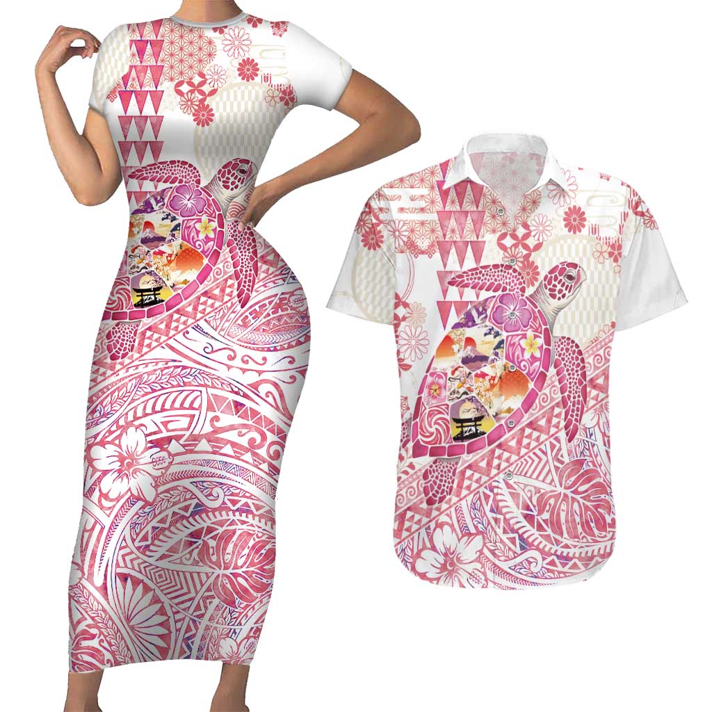 Hawaiian and Japanese Culture Together Couples Matching Short Sleeve Bodycon Dress and Hawaiian Shirt Tropical Honu with Japanese Elements Pink Color LT03 Pink - Polynesian Pride