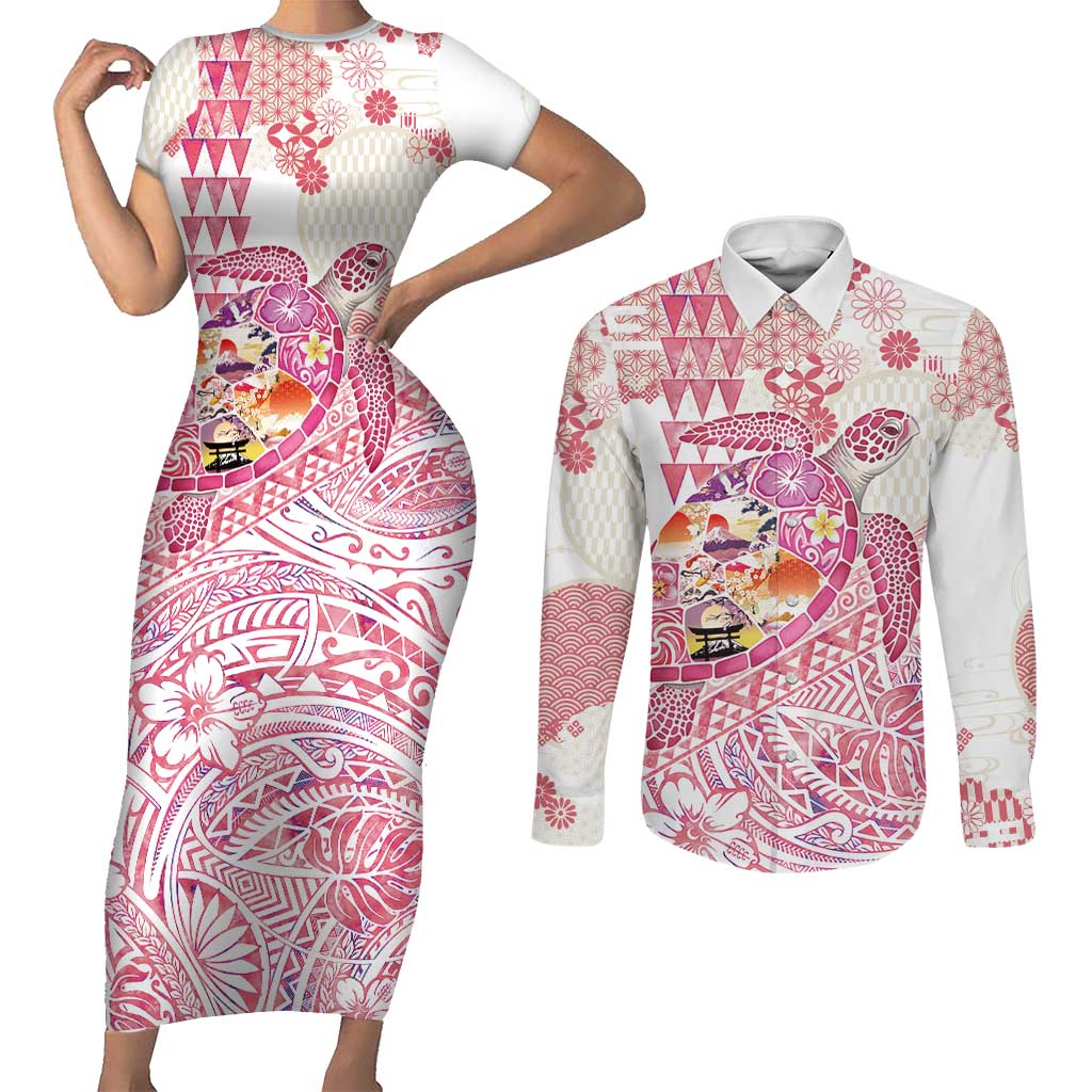 Hawaiian and Japanese Culture Together Couples Matching Short Sleeve Bodycon Dress and Long Sleeve Button Shirt Tropical Honu with Japanese Elements Pink Color LT03 Pink - Polynesian Pride