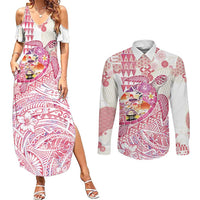 Hawaiian and Japanese Culture Together Couples Matching Summer Maxi Dress and Long Sleeve Button Shirt Tropical Honu with Japanese Elements Pink Color LT03 Pink - Polynesian Pride