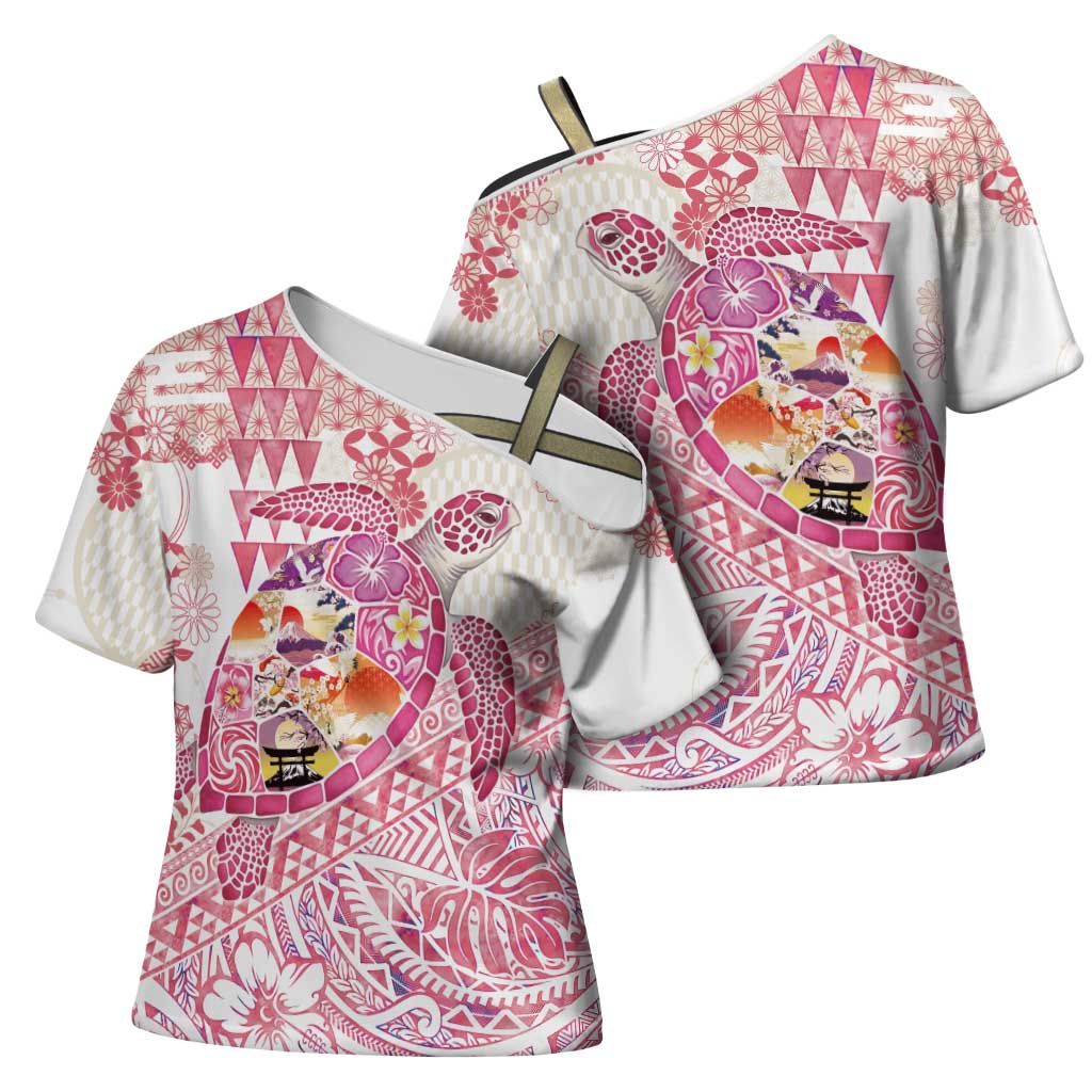 Hawaiian and Japanese Culture Together Cross Shoulder Shirt Tropical Honu with Japanese Elements Pink Color LT03 - Polynesian Pride