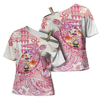 Hawaiian and Japanese Culture Together Cross Shoulder Shirt Tropical Honu with Japanese Elements Pink Color LT03 - Polynesian Pride