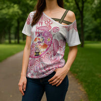 Hawaiian and Japanese Culture Together Cross Shoulder Shirt Tropical Honu with Japanese Elements Pink Color LT03 - Polynesian Pride