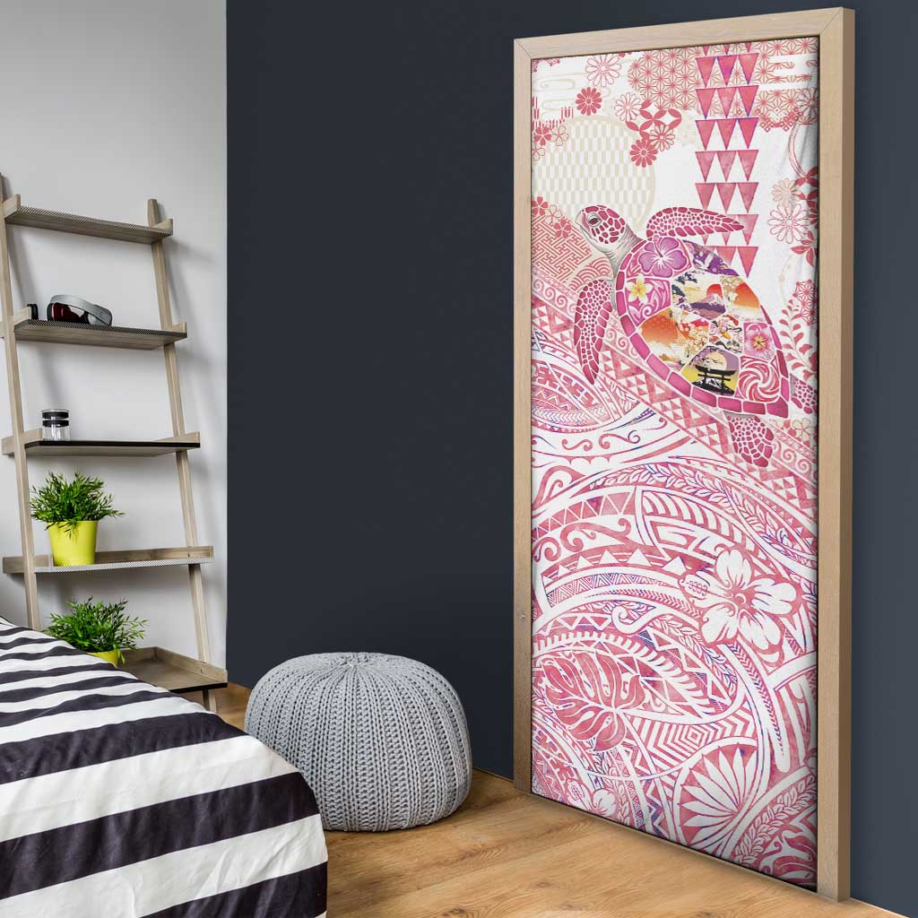 Hawaiian and Japanese Culture Together Door Cover Tropical Honu with Japanese Elements Pink Color LT03 - Polynesian Pride
