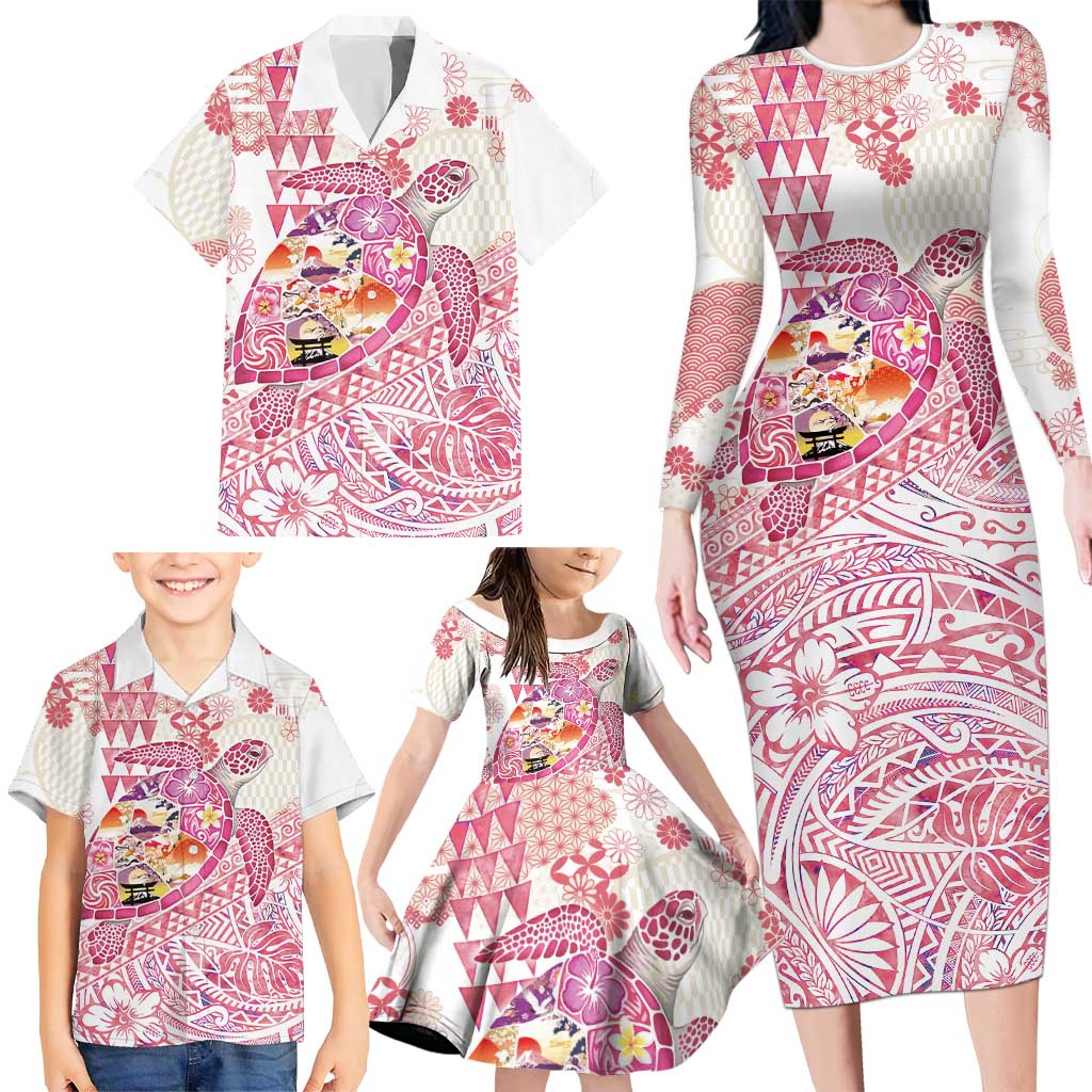 Hawaiian and Japanese Culture Together Family Matching Long Sleeve Bodycon Dress and Hawaiian Shirt Tropical Honu with Japanese Elements Pink Color LT03 - Polynesian Pride