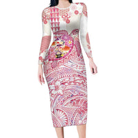 Hawaiian and Japanese Culture Together Family Matching Long Sleeve Bodycon Dress and Hawaiian Shirt Tropical Honu with Japanese Elements Pink Color LT03 Mom's Dress Pink - Polynesian Pride