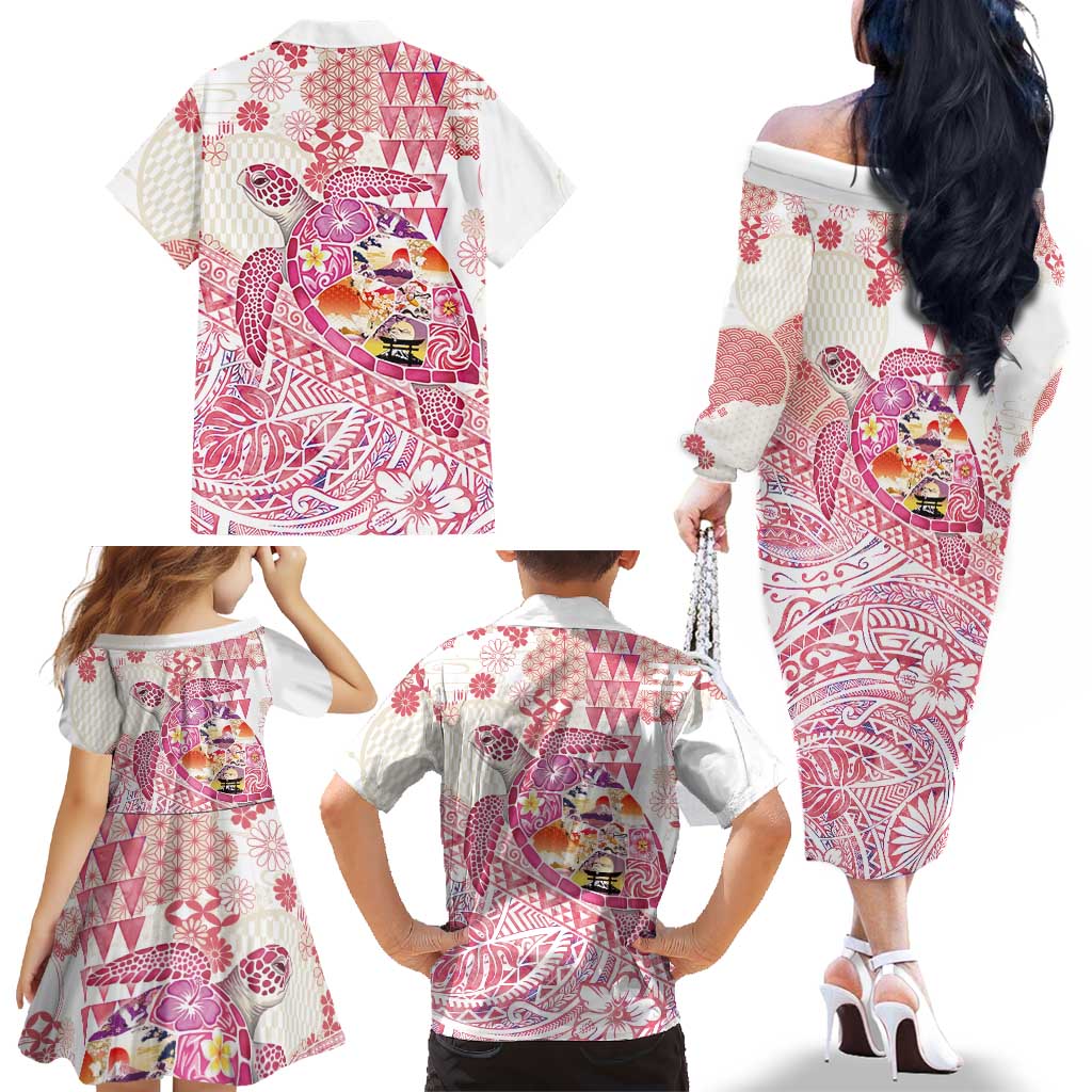 Hawaiian and Japanese Culture Together Family Matching Off The Shoulder Long Sleeve Dress and Hawaiian Shirt Tropical Honu with Japanese Elements Pink Color LT03 - Polynesian Pride
