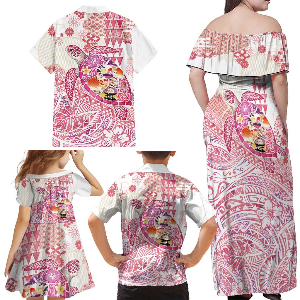 Hawaiian and Japanese Culture Together Family Matching Off Shoulder Maxi Dress and Hawaiian Shirt Tropical Honu with Japanese Elements Pink Color LT03 - Polynesian Pride