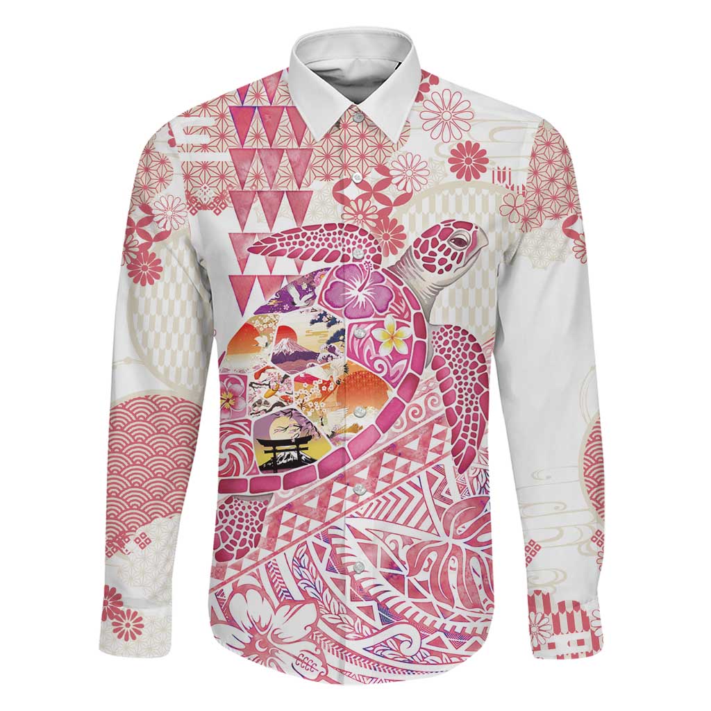 Hawaiian and Japanese Culture Together Family Matching Puletasi and Hawaiian Shirt Tropical Honu with Japanese Elements Pink Color LT03 Dad's Shirt - Long Sleeve Pink - Polynesian Pride